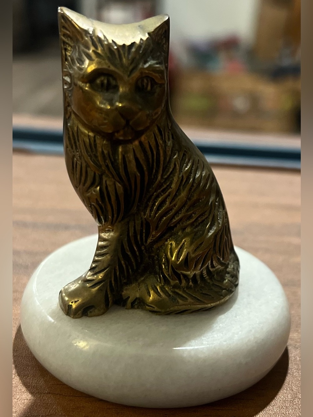 VTG Solid Brass Sitting Cat on marble Figurine Heavy 3" Paperweight MCM 60s 70s